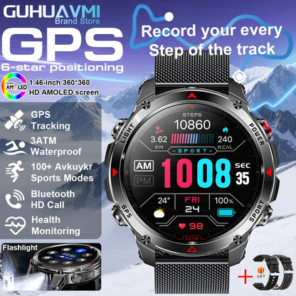 2025New Outdoor Military Smart Watch Men 1.46" AMOLED Built-in GPS Compass Altimeter 3ATM Waterproof Clock BT Call SmartWatches