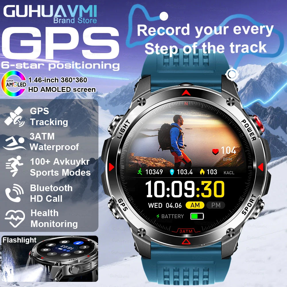 2025New Outdoor Military Smart Watch Men 1.46" AMOLED Built-in GPS Compass Altimeter 3ATM Waterproof Clock BT Call SmartWatches