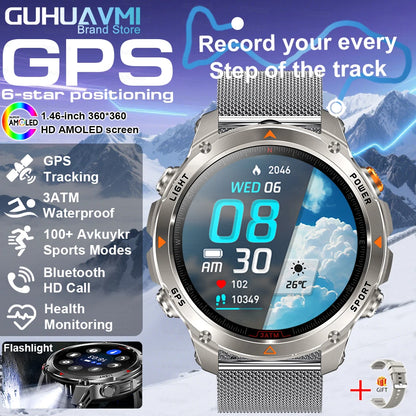 2025New Outdoor Military Smart Watch Men 1.46" AMOLED Built-in GPS Compass Altimeter 3ATM Waterproof Clock BT Call SmartWatches
