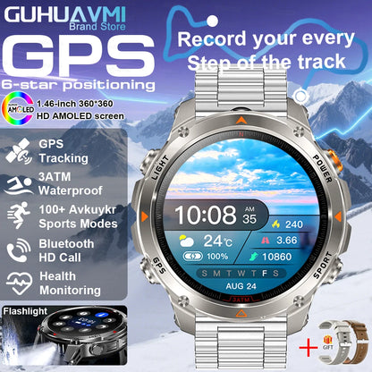 2025New Outdoor Military Smart Watch Men 1.46" AMOLED Built-in GPS Compass Altimeter 3ATM Waterproof Clock BT Call SmartWatches