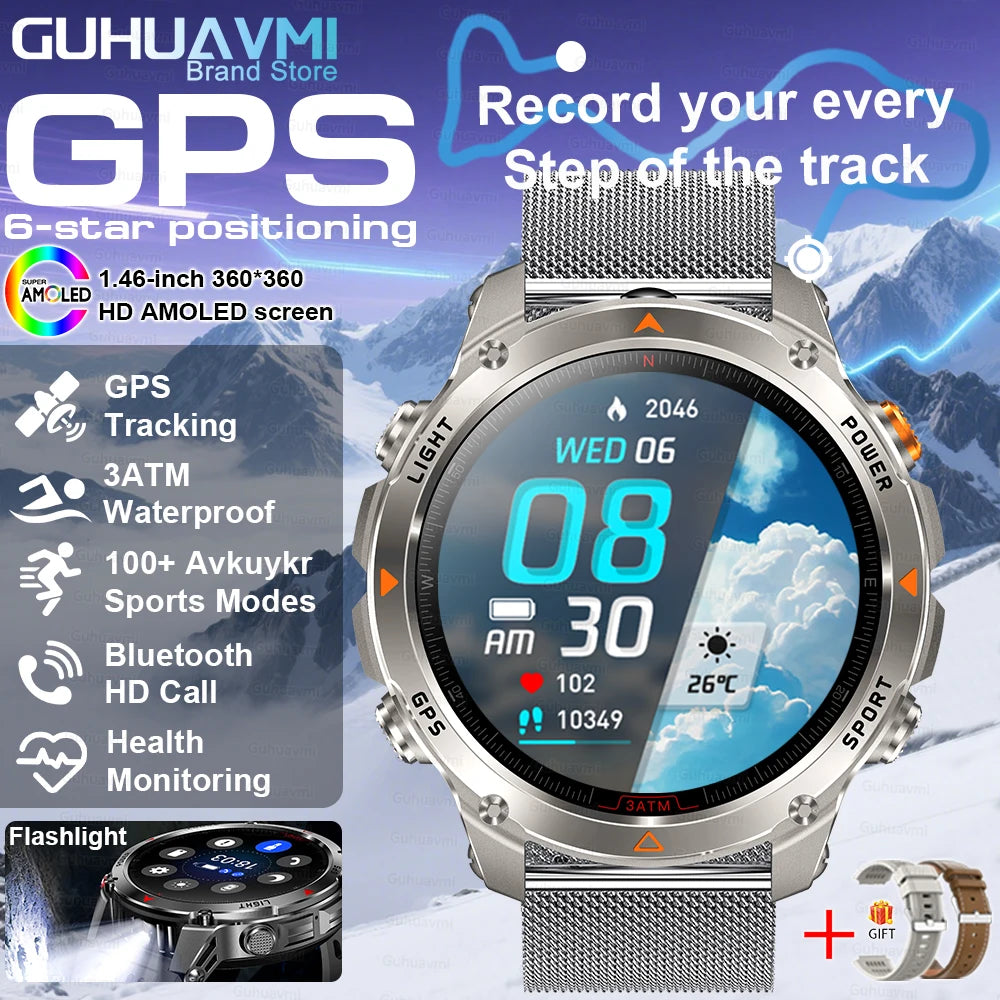 2025New Outdoor Military Smart Watch Men 1.46" AMOLED Built-in GPS Compass Altimeter 3ATM Waterproof Clock BT Call SmartWatches