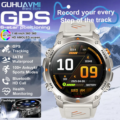 2025New Outdoor Military Smart Watch Men 1.46" AMOLED Built-in GPS Compass Altimeter 3ATM Waterproof Clock BT Call SmartWatches